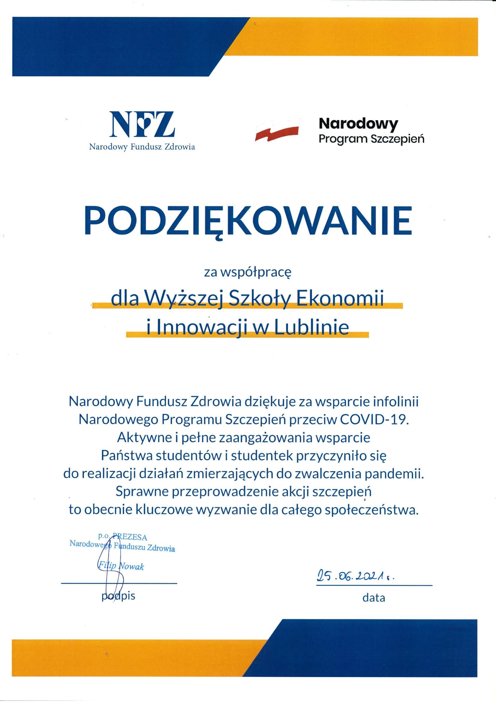 Podziękowania z NFZ dla Studentów WSEI